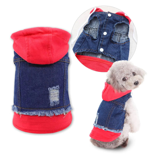 SILD Pet Clothes Dog Jeans Jacket Puppy Cat Clothes Dog Hoodies Cool Coat Dog Clothes for Small Medium Dogs (Blue Red XS)